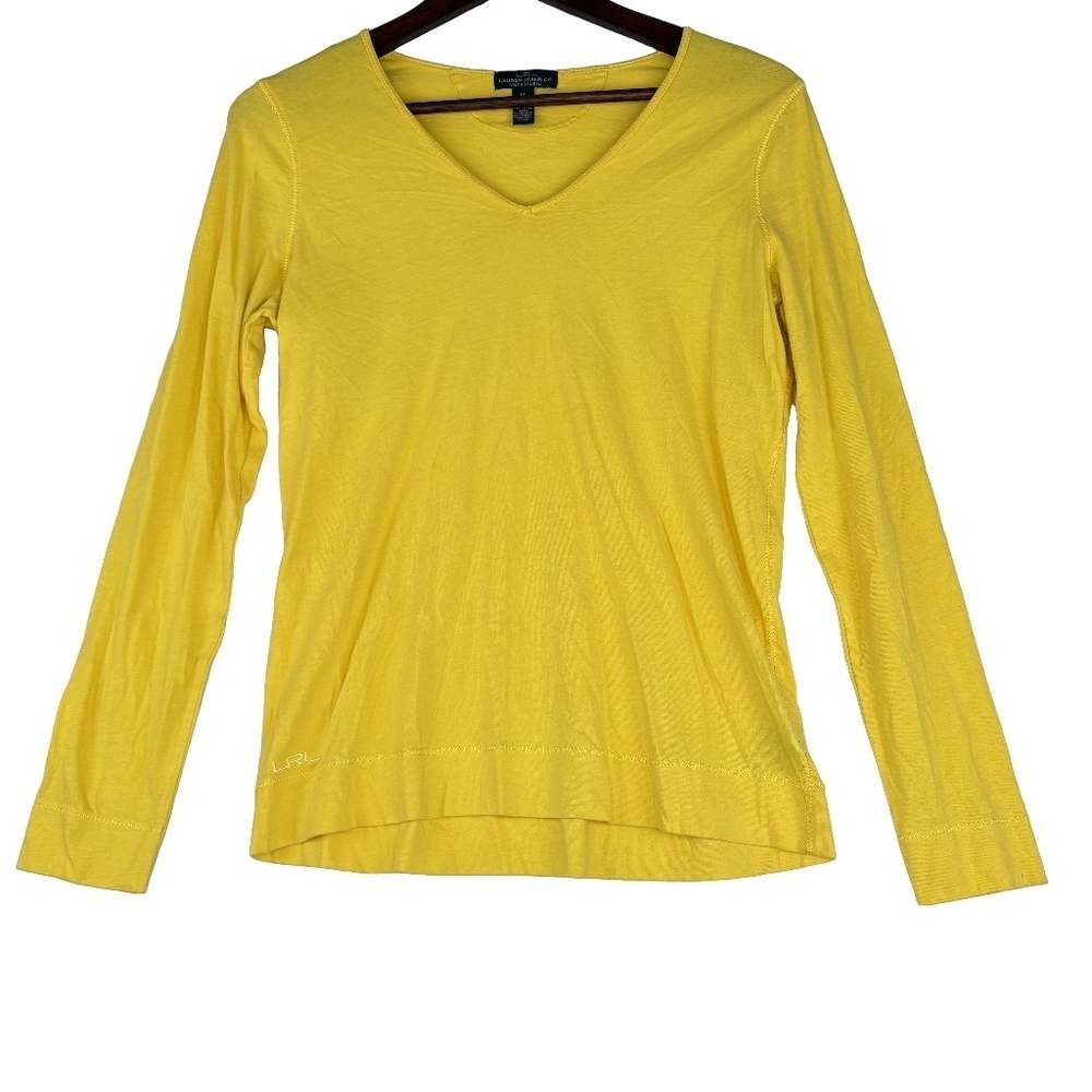 LRL Lauren Ralph Lauren Long Sleeve V-Neck Yellow Cotton Shirt Size Medium